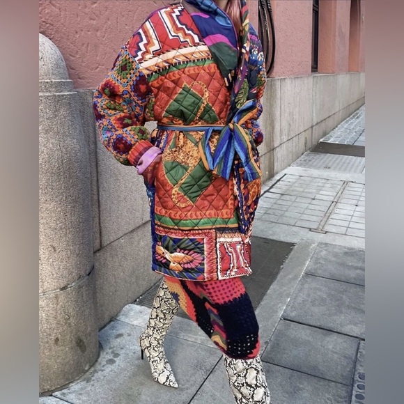 Farm Rio Patchwork Tapestry Crochet Puffer Jacket - Picture 8 of 13